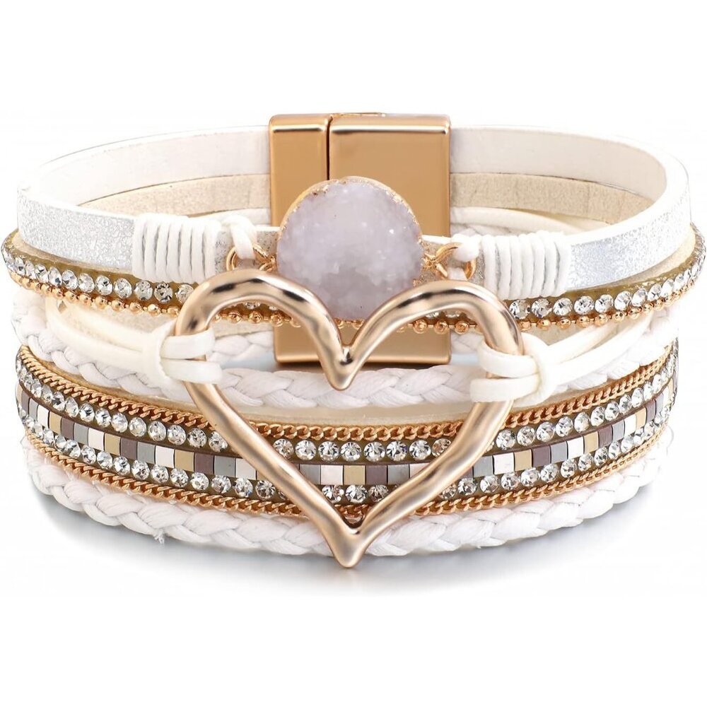 Leather Wrap Bracelet for Women Beaded Cuff Bracelet with Heart-shape Decor Bohe